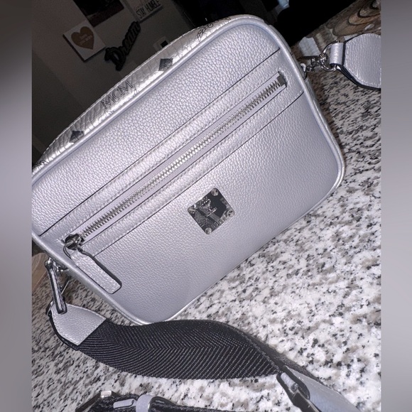 MCM Silver Logo Crossbody Shoulder Bag Aren Visetos Retail $890 - Picture 3 of 6
